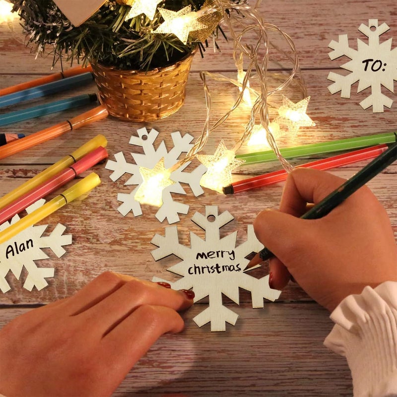 LEBERY 50Pcs DIY Wooden Christmas Ornaments Wooden Snowflakes for Crafts Unfinished Snowflakes Wood Ornaments with Hole, Predrilled Wood Snowflake Cutouts for Crafts Paints Christmas Tree Hanging Decor - Image 2